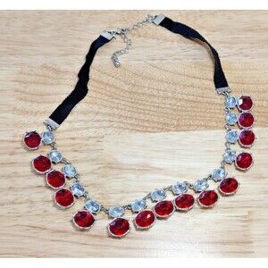 Vintage NRT Signed Red Rhinestone Choker Necklace Silver Tone 80s Glam Retro